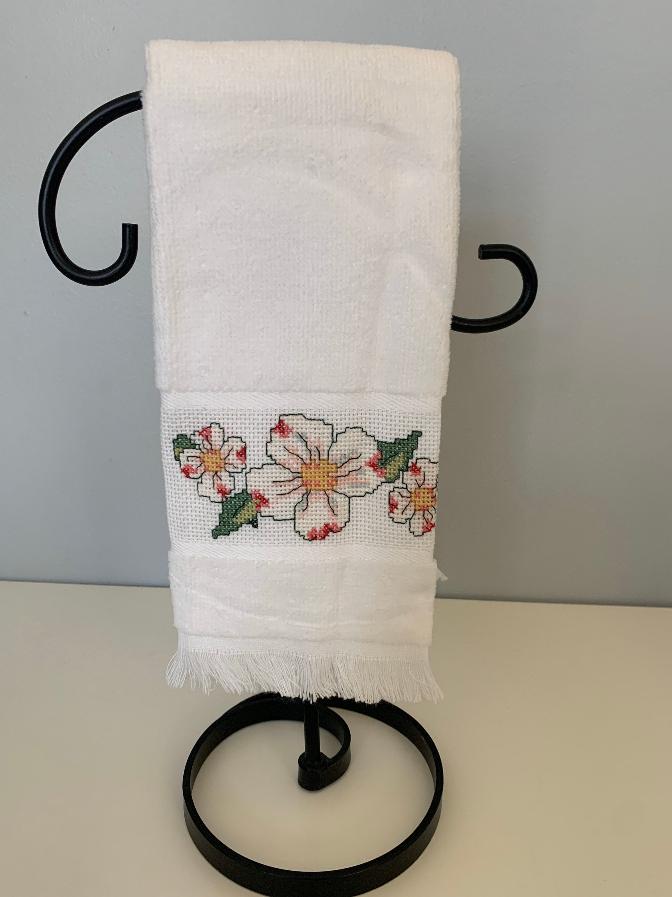 White Flower Cross Stitch Fingertip Bath Towel Etsy