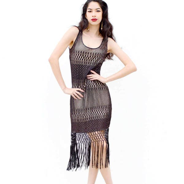 black crochet dress, fringe dress, bodycon dress, sheer fringed dress, festival dress, white cotton mini, boho bohemian beach dress, hippie