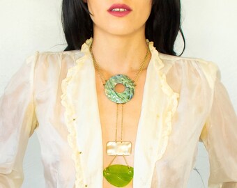 glass and shell necklace, gold chain green leaf statement jewelry, lariat abalone circle disc pendant, tribal chunky unique