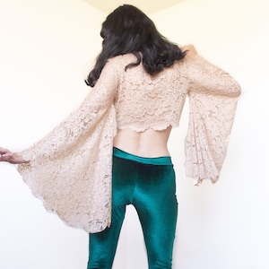 PICK A COLOR stretch lace top, crop bell sleeve, angel wing hippie coverup, sheer midriff long sleeved croptop