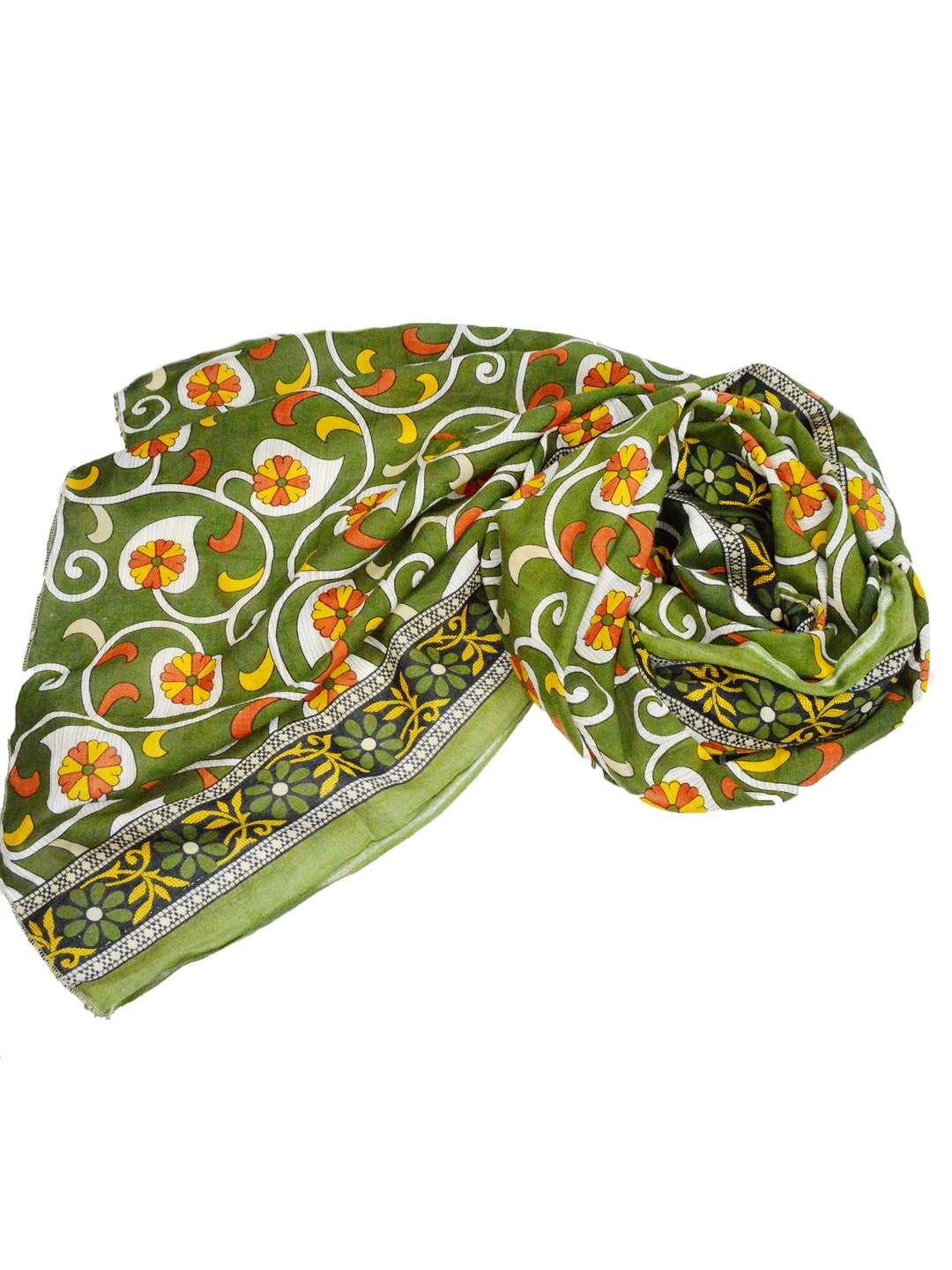 Floral Cotton Scarf Indian Scarves Olive Green Wrap Etsy