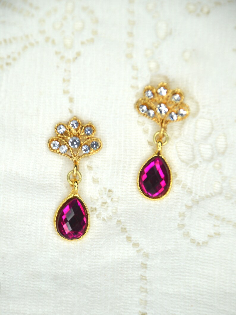 Pink drop earrings gold rhinestone earrings fuschia gemstone Etsy