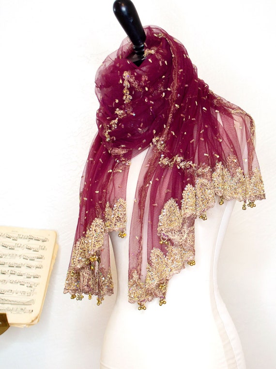 Red Beaded Shawl Embroidered Wrap Large Dressy Scarf Red and