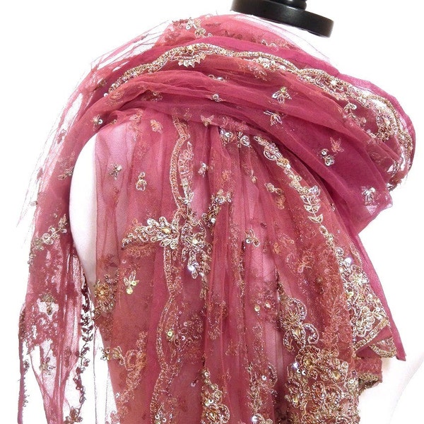 Pink Shawl, Tulle Scarf, Dusty Rose Shawl, Beaded Shawl, Formal Wrap, Pink Wedding Shawl, Vintage Sari Scarf, Net Scarf