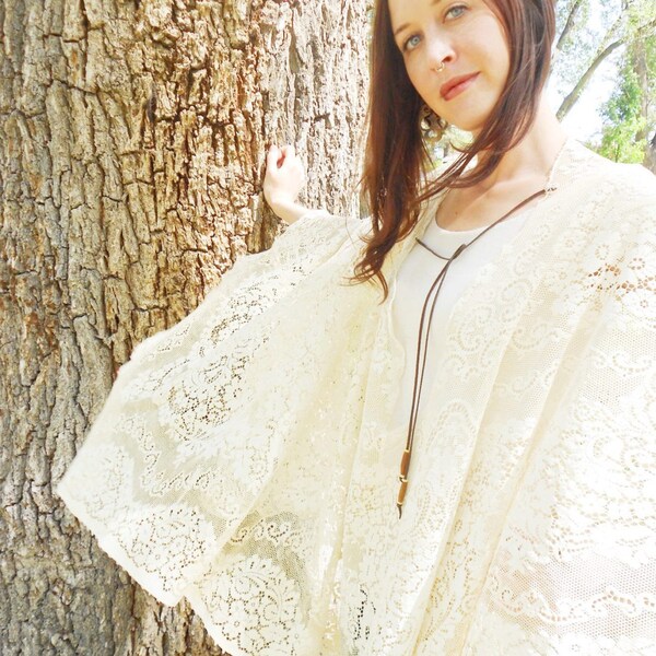 Ivory Lace Poncho, Festival Shawl, Crochet Poncho, Antique Lace Kaftan, White Coverup, Cotton Shawl, Beach Wedding