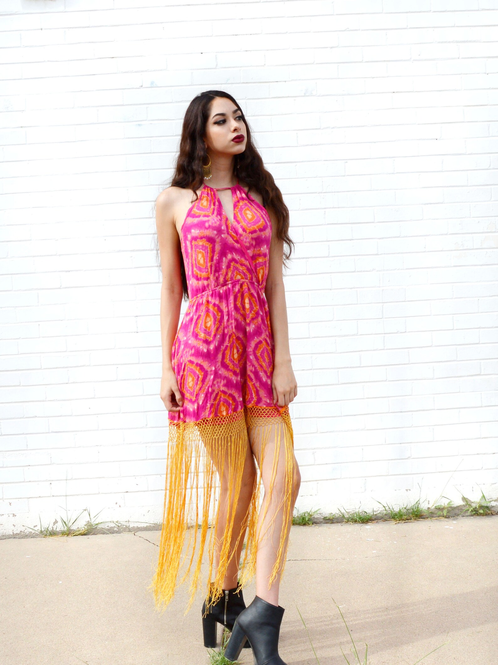 Pink Cotton Dress Halter Neck Maxi Ikat Mini Dress Fringed Etsy