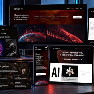 May include: A collection of electronic devices including a desktop monitor, a laptop, a tablet, and a smartphone, all displaying the AETHER AI website interface with dark backgrounds, red accents, and text about human imagination and artificial intelligence.