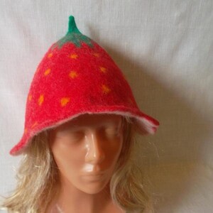 May include: A whimsical red felt hat shaped like a strawberry, featuring a green stem and small orange seeds. The hat has a flared brim and is designed to resemble the fruit. The hat is a fun accessory.