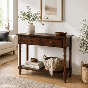 May include: A dark brown wooden console table featuring two drawers with small round knobs, four turned legs, and a lower shelf. The table surface holds a white vase with greenery and a wooden bowl, while the shelf holds books and a woven basket.