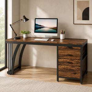 May include: A rectangular desk with a dark wood grain surface and a black metal frame. The desk features a curved support leg on the left side and a three-drawer storage cabinet on the right side with black handles. The desk is set up with a computer.