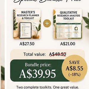 May include: A digital bundle featuring the Master's Research Planner & Toolkit and the Qualitative Research Analysis Toolkit. The graphic displays the text Special Bundle Price, Total value A$48.50, Bundle price A$39.95, and SAVE A$8.55 (-18%).