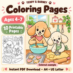 Op de afbeelding: Teddy & Barney kleurplaten met 10 printbare pagina's voor 4-7 jarigen. De afbeelding toont twee poedels die bakken in een keuken, waarbij de een beslag mixt en de ander koekjesdeeg uitsteekt. Inclusief een gekleurd voorbeeld en zwart-wit lijntekening.
