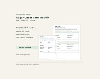 Sugar Glider Care Tracker Bundle – Excel Spreadsheet & Printable PDF, 3 Styles