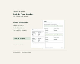 Budgie Care Tracker Bundle – Excel Spreadsheet & Printable PDF, 3 Styles