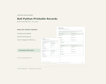 Ball Python Printable Care Records – Feeding, Habitat & Health Logs, PDF, 3 Styles
