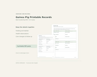 Guinea Pig Printable Care Records – Feeding, Habitat & Health Logs, PDF, 3 Styles