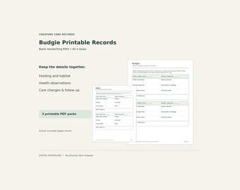 Budgie Printable Care Records – Feeding, Habitat & Health Logs, PDF, 3 Styles