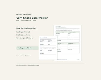 Corn Snake Care Tracker Bundle – Excel Spreadsheet & Printable PDF, 3 Styles