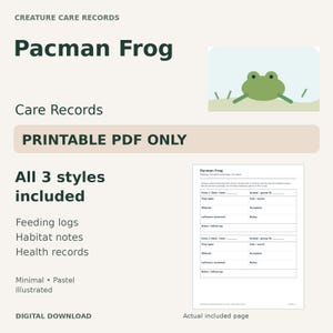 Könnte beinhalten: Ein digitaler Download von Pacman-Frosch-Pflegeprotokollen als druckbares PDF in drei Stilen. Das Dokument enthält Fütterungsprotokolle, Habitat-Notizen und Gesundheitsaufzeichnungen mit einer grünen Froschillustration und Text.