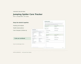 Bundel met een tracker voor de verzorging van springspinnen – Excel-spreadsheet en printbare PDF, 3 stijlen