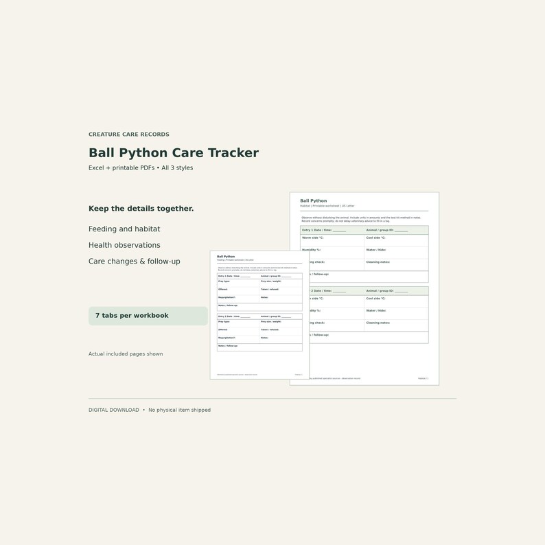 Bundle för vård av kungspyton – Excel-kalkylblad och utskrivbar PDF, 3 stilar bild 1