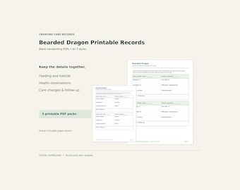 Bearded Dragon Printable Care Records – Feeding, Habitat & Health Logs, PDF, 3 Styles