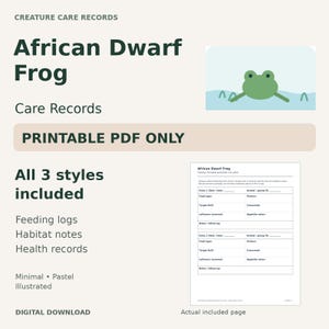 Printbaar verzorgingslogboek voor de Afrikaanse dwergkikker — Voeding, leefomgeving en gezondheid