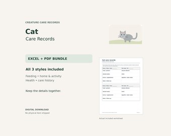 Cat Care Tracker Bundle – Excel Spreadsheet & Printable PDF, 3 Styles