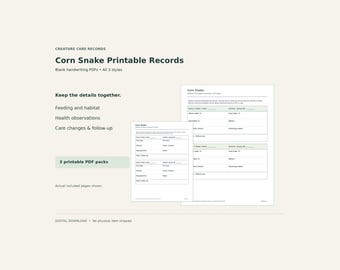 Corn Snake Printable Care Records – Feeding, Habitat & Health Logs, PDF, 3 Styles