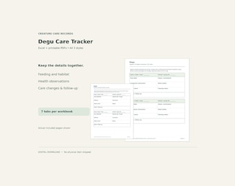 Degu Care Tracker Bundle – Excel Spreadsheet & Printable PDF, 3 Styles