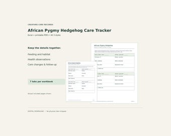 African Pygmy Hedgehog Care Tracker Bundle – Excel Spreadsheet & Printable PDF, 3 Styles