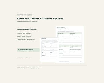 Red-eared Slider Printable Care Records – Feeding, Habitat & Health Logs, PDF, 3 Styles