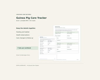 Guinea Pig Care Tracker Bundle – Excel Spreadsheet & Printable PDF, 3 Styles