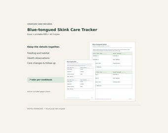 Blue-tongued Skink Care Tracker Bundle – Excel Spreadsheet & Printable PDF, 3 Styles
