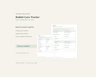 Rabbit Care Tracker Bundle – Excel Spreadsheet & Printable PDF, 3 Styles