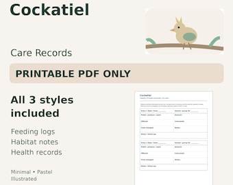 Cockatiel Care Log Printable — Feeding, Habitat & Health