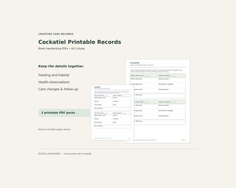 Cockatiel Printable Care Records – Feeding, Habitat & Health Logs, PDF, 3 Styles