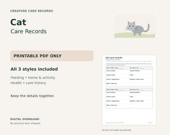 Cat Printable Care Records – Feeding, Activity & Health Logs, PDF, 3 Styles