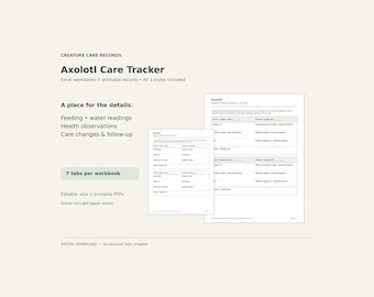 Axolotl Care Tracker Bundle – Excel Spreadsheet & Printable PDF, 3 Styles