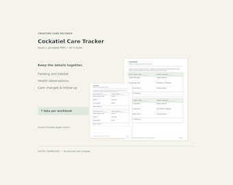 Cockatiel Care Tracker Bundle – Excel Spreadsheet & Printable PDF, 3 Styles