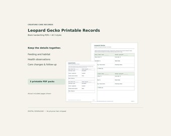 Leopard Gecko Printable Care Records – Feeding, Habitat & Health Logs, PDF, 3 Styles