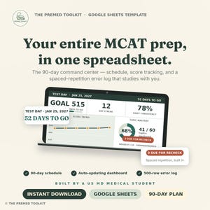 Hoja de cálculo para planificar el estudio del MCAT / Calendario de 90 días, seguimiento de la puntuación, registro de errores (Google Sheets)