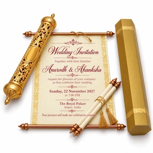 May include: A cream-colored wedding invitation scroll with red text reading Wedding Invitation, Anurodh & Akanksha, Sunday, 22 November 2027, at 7:00 PM, The Royal Palace, Jaipur, India. Includes a gold ornate scroll case and gold tassels.