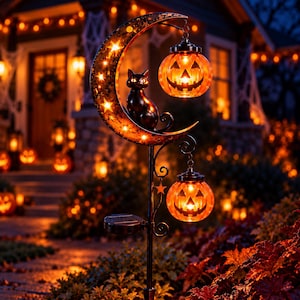 May include: A solar-powered garden stake featuring a black metal crescent moon with star-shaped cutouts, a black cat silhouette, and two hanging orange jack-o'-lantern lights. The structure includes a small solar panel on the central pole.