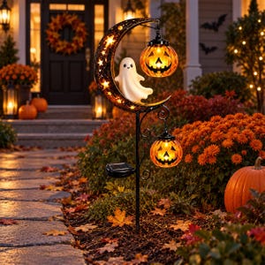 Solar Halloween Garden Stake, Ghost Pumpkin Lantern Light, Crescent Moon Yard Decor, Outdoor Fall Pathway Decoration, Halloween Gift
