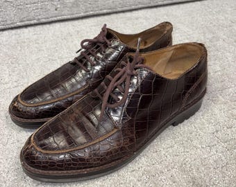 Zapatos Oxford vintage Ralph Lauren de piel de cocodrilo marrón con relieve, talla 9.5 B, Old Money