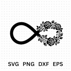 Puede incluir: Un diseño gráfico negro que presenta un símbolo de infinito donde un bucle está formado por una enredadera de rosas florecientes y hojas. El texto SVG PNG DXF EPS está impreso en negro en la parte inferior sobre un fondo de rejilla blanca.