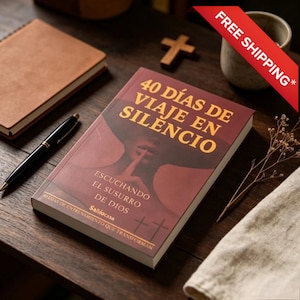 May include: A book titled 40 Días de Viaje en Silencio with a maroon cover featuring a silhouette of a person with a finger to their lips. The text reads Escuchando el Susurro de Dios and Sabíocasa, with two small cross icons at the bottom.