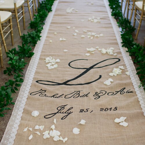 Lace Burlap Wedding Aisle Runner With Custom Monogram free Etsy