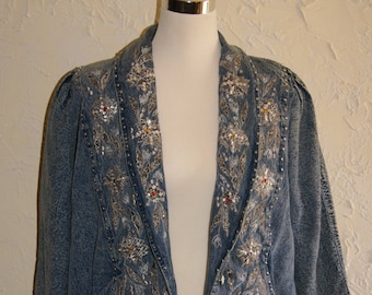 Vintage Sport Coat Type Stonewashed Denim Jacket By ULTRA Beaded Embroidered Studded Decorated Front Size Medium
